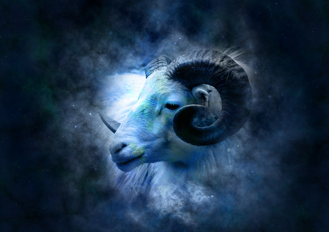 a close up of a ram's face on a dark background, sots art, on a clear magnificent night sky, mystical blue fog, a beautiful artwork illustration, white spiral horns