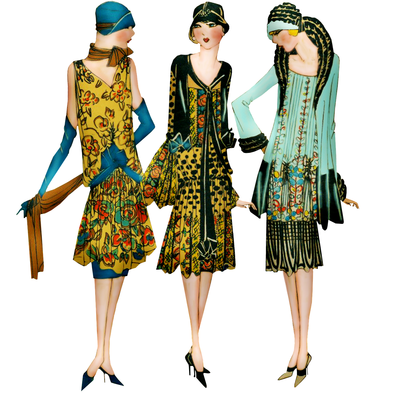 a group of three women standing next to each other, by Brenda Chamberlain, flickr, art nouveau, 1 9 2 0 s cloth style, colorful fashion, wearing a dress made of beads, joseph todorovitch ”