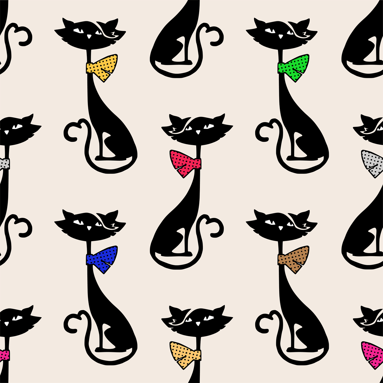 a group of black cats with colorful bow ties, pixabay, art nouveau, repeating pattern. seamless, clipart, windsor knot tie, full body close-up shot