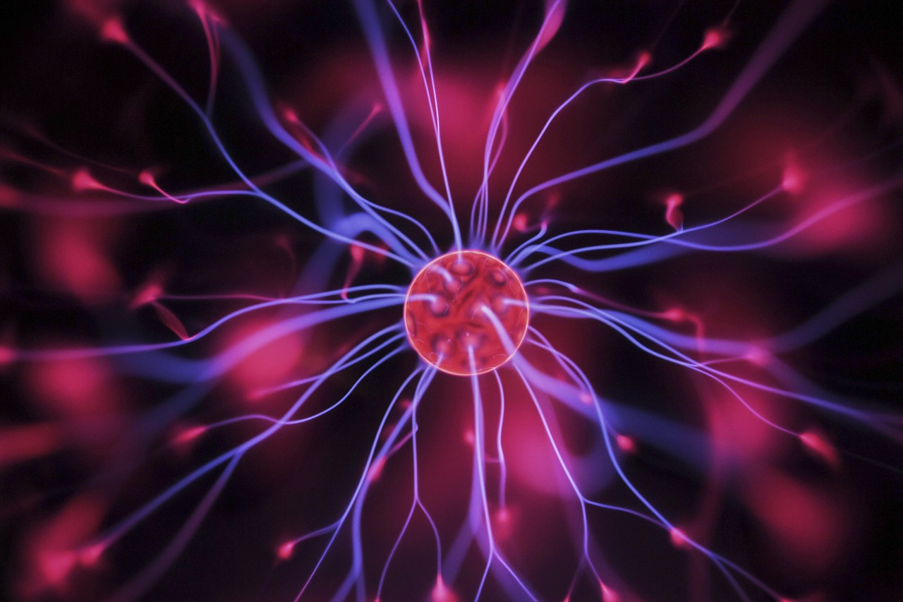 a close up of a cell on a black background, a digital rendering, by Eugeniusz Zak, electricity aura, immortal neuron, bright pink purple lights, a large sphere of red energy