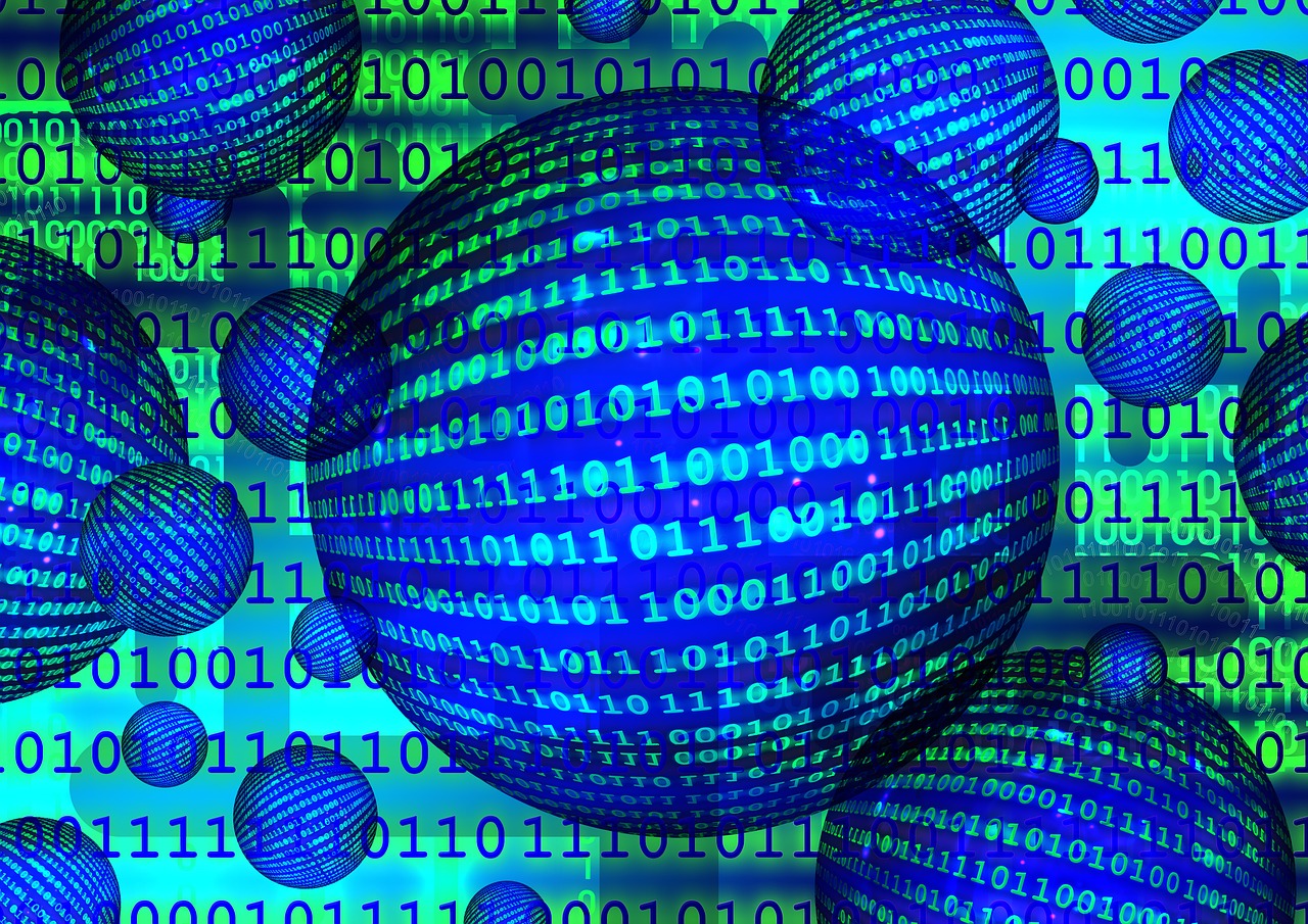 a bunch of balls that are floating in the air, a digital rendering, computer art, matrix code, blue circular hologram, in front of the internet, binary
