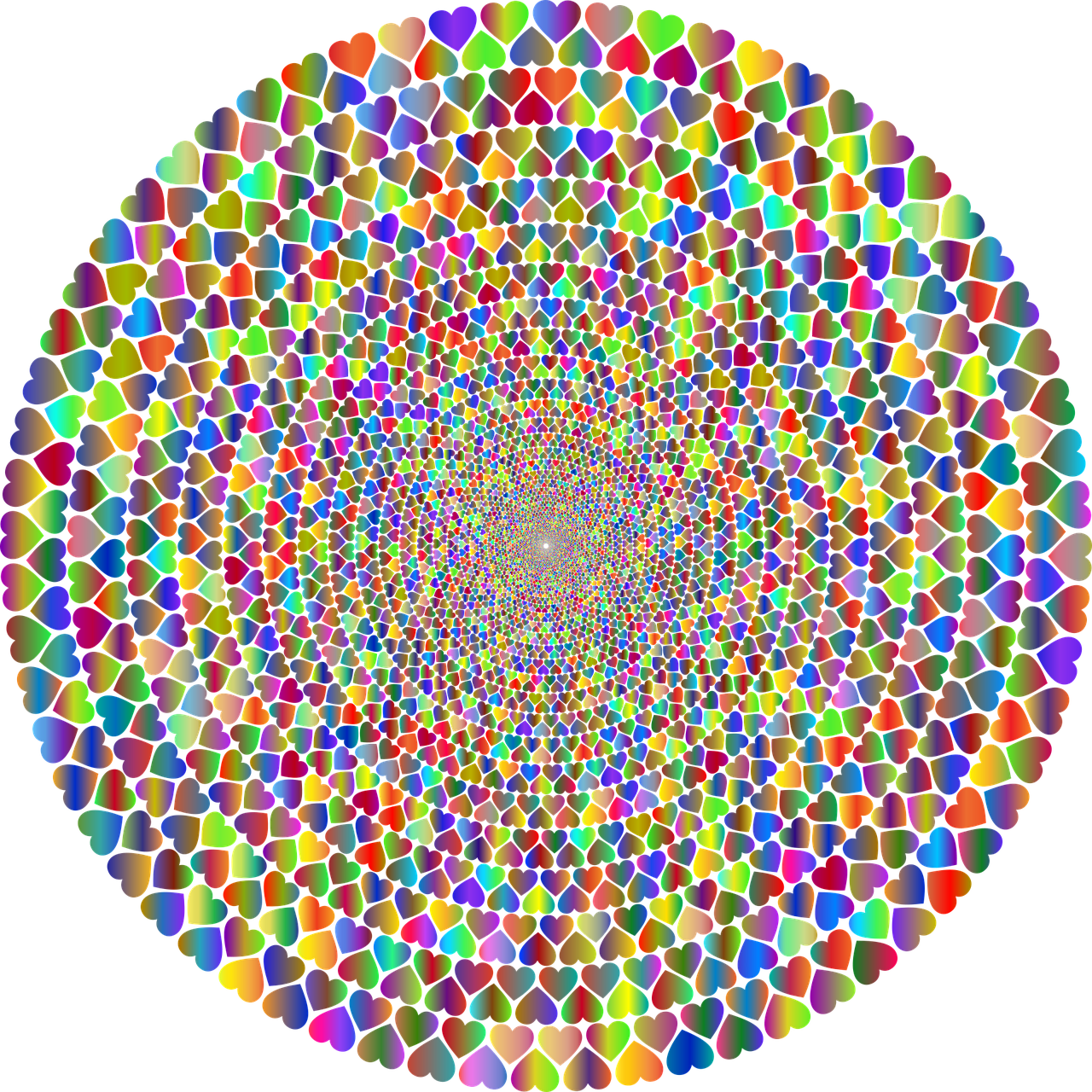 a multicolored circle on a black background, a raytraced image, inspired by Benoit B. Mandelbrot, kinetic pointillism, many hearts, glass mosaic, psychedelic illustration