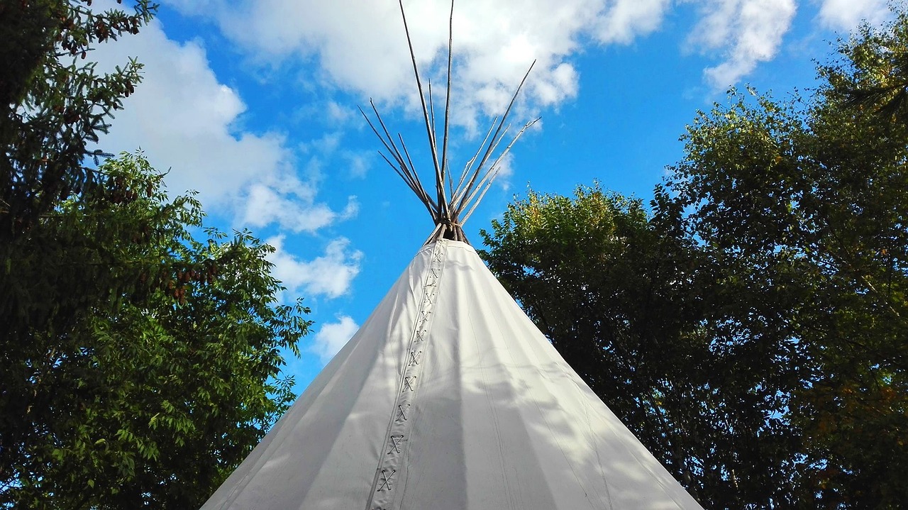 a teepee sitting in the middle of a forest, a portrait, inspired by George Catlin, pixabay, land art, blue sky above, very crisp details, ceremonial clouds, close up photo