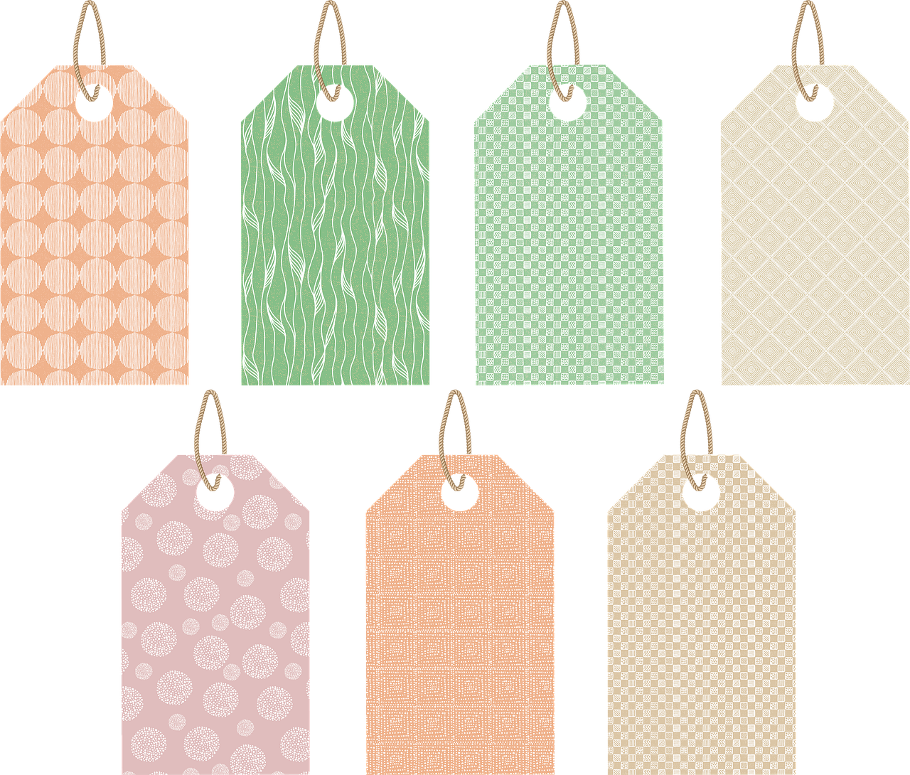 a set of six tags on a black background, vector art, inspired by Masamitsu Ōta, earthy light pastel colours, tileable, clipart, lowres