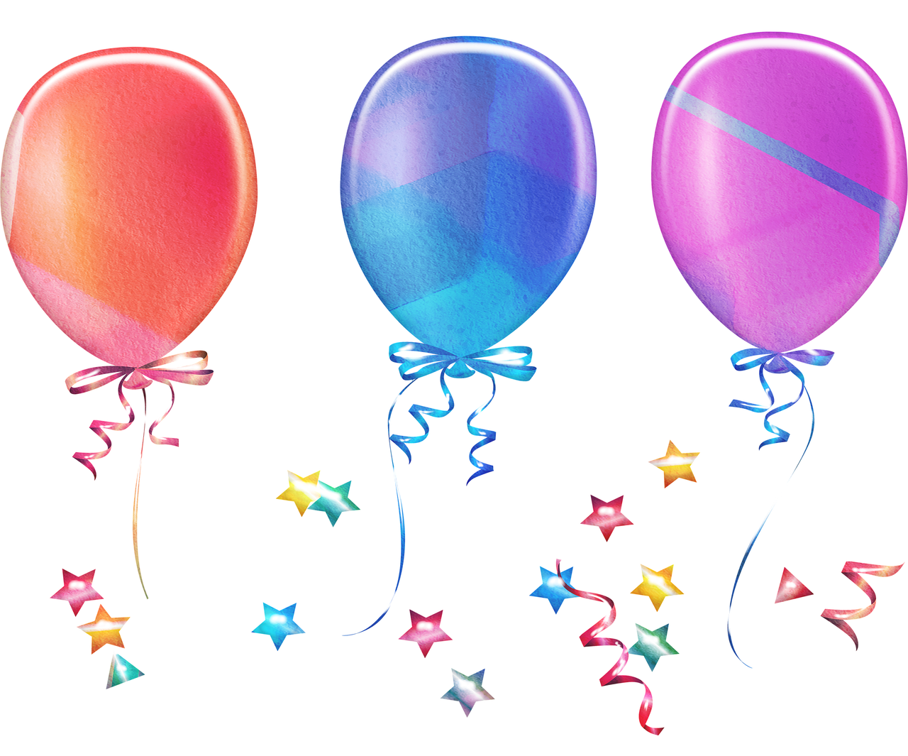 a group of three balloons sitting next to each other, a digital rendering, by Marie Bashkirtseff, shutterstock, bright on black, bows, colorful stars, background image