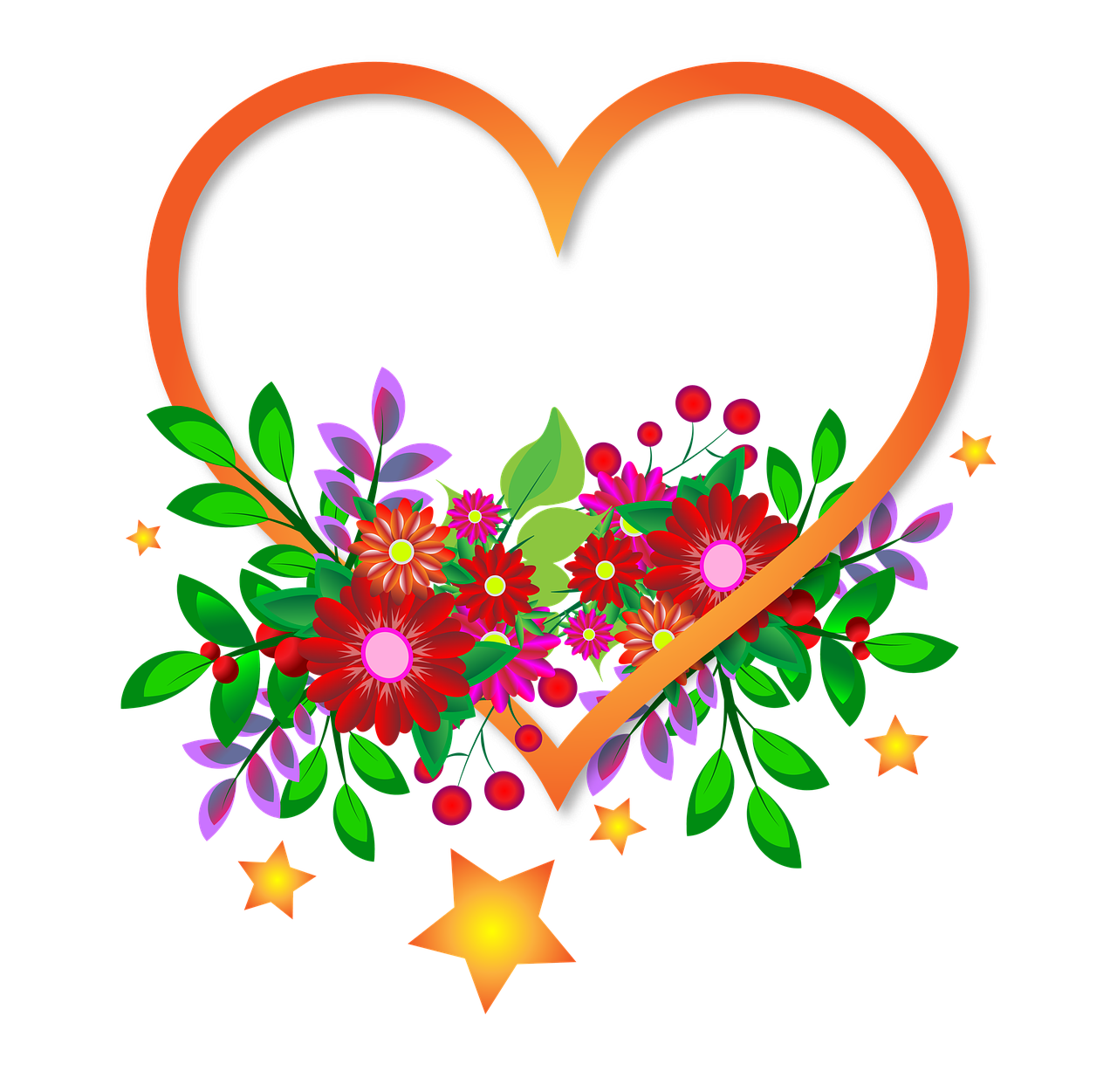 a heart with flowers and stars on a black background, seasons!! : 🌸 ☀ 🍂 ❄, computer - generated, with colorful flowers and plants, stylized border