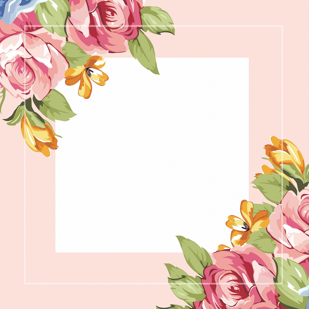 a picture of a bunch of flowers on a pink background, inspired by Louis-Michel van Loo, romanticism, card template, card frame, with a square, background image