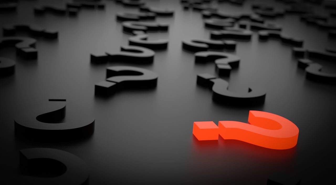 a red question mark on a black background, a digital rendering, trending on pixabay, orange subsurface scattering, foreground background, small steps leading down, scattered props