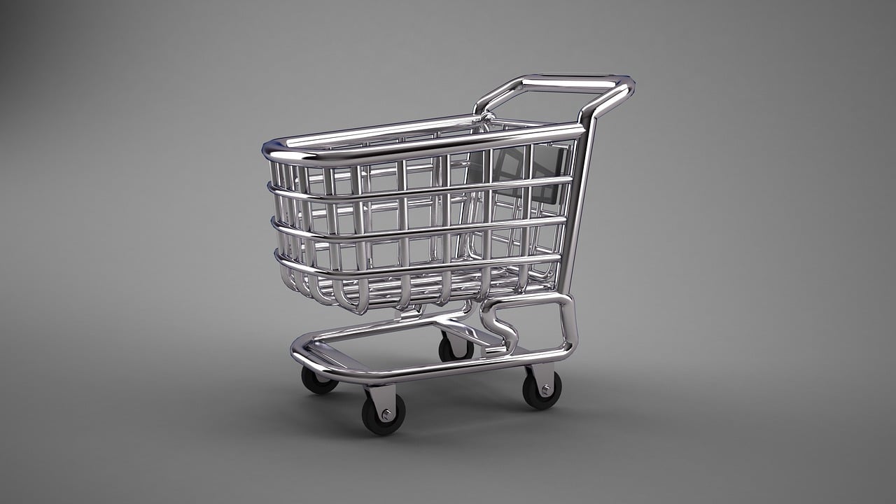 a silver shopping cart on a gray background, a digital rendering, by Jesper Knudsen, pixabay, zbrush 3 d render, istockphoto, smooth 3d cg render, ebay