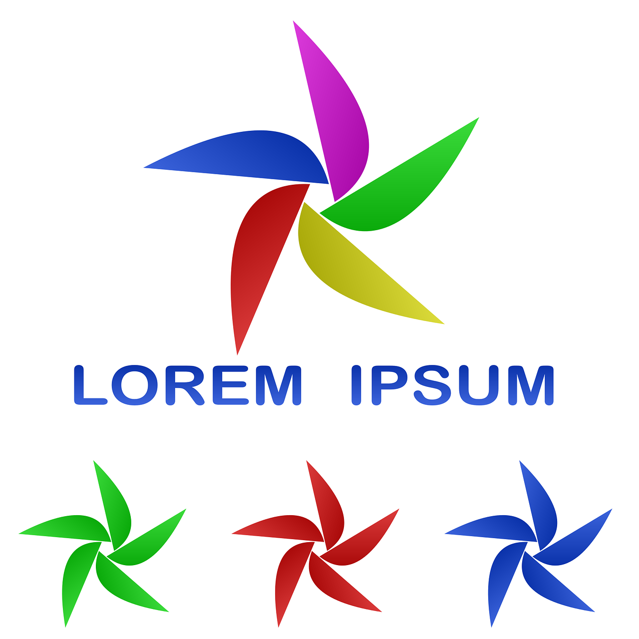 a set of four colorful pinwheels on a white background, by Leon Polk Smith, abstract illusionism, clematis theme logo, lorem ipsum dolor sit amet, 3 colours, simple and clean illustration