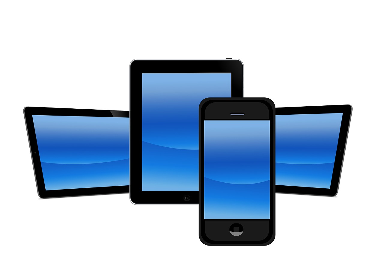 a group of three cell phones sitting next to each other, a digital rendering, by Matt Stewart, pixabay, computer art, many monitors, blue image, took on ipad, with a white background