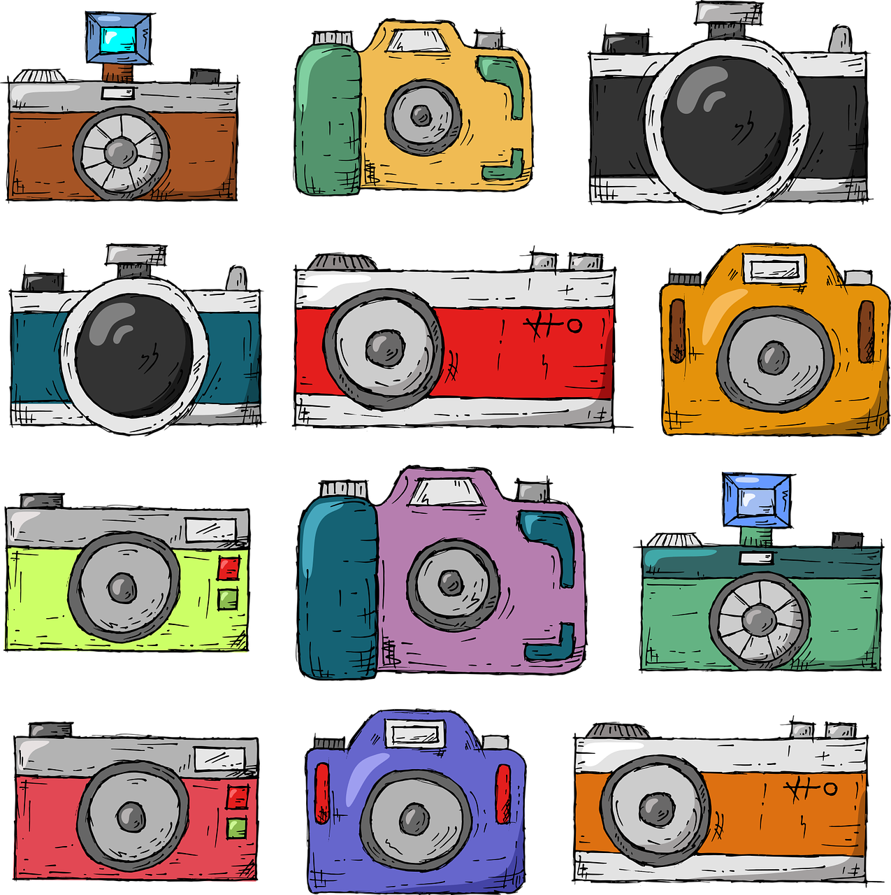 a bunch of different colored cameras on a black background, vector art, shutterstock, comic strip style, old photography, drawn with photoshop, cartoon style illustration