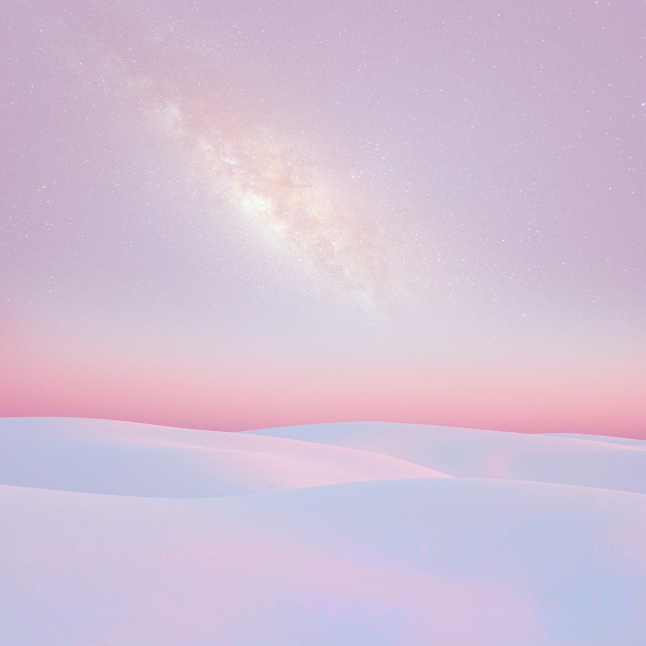 a couple of people standing on top of a snow covered field, digital art, inspired by Christopher Balaskas, trending on shutterstock, conceptual art, pastel pink skin tone, the milky way in the sky, sand dune background, clean 3 d render