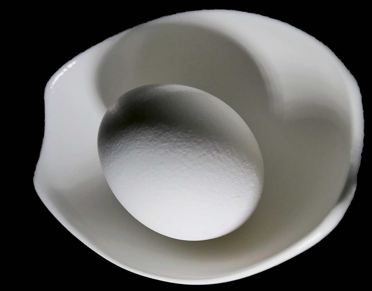 a white bowl with an egg inside of it, an abstract sculpture, inspired by Edward Weston, flickr, white on black, smooth light from upper left, ernst haekel, uv