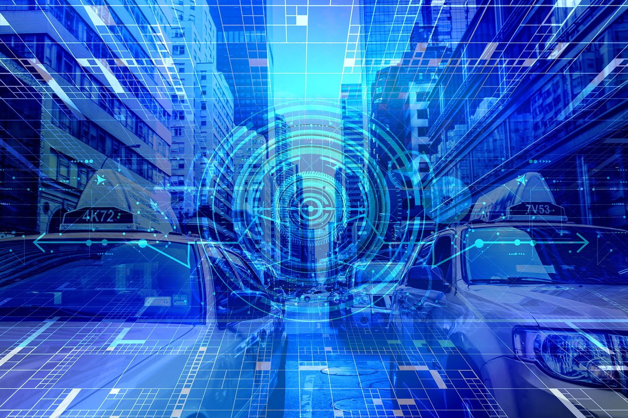 a group of cars driving down a city street, digital art, by Leonard Long, shutterstock, digital art, blue circular hologram, background is data server room, stock photo, open portal to another dimension