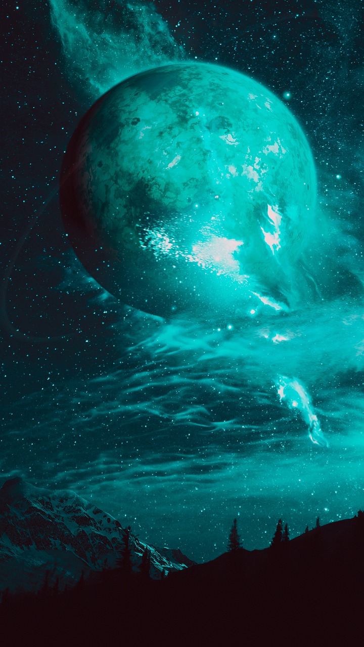 a person standing on top of a hill under a sky full of stars, by Beeple, tumblr, space art, floating. greenish blue, devouring a planet, swirling fluid, monochromatic teal