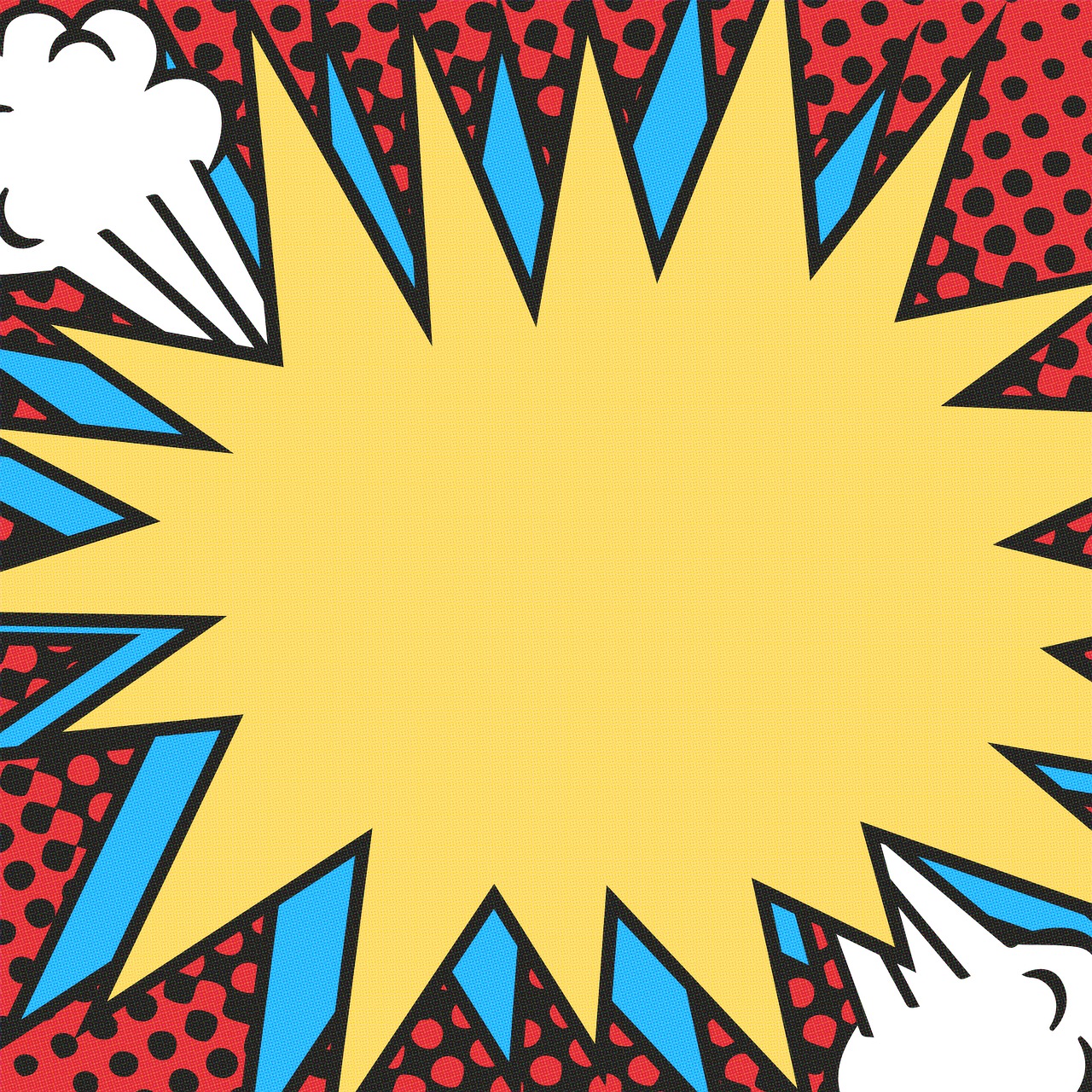 a pop art comic speech bubble on a polka dot background, inspired by Lichtenstein, with an explosion on the back, middle close up composition, one panel, background yellow and blue