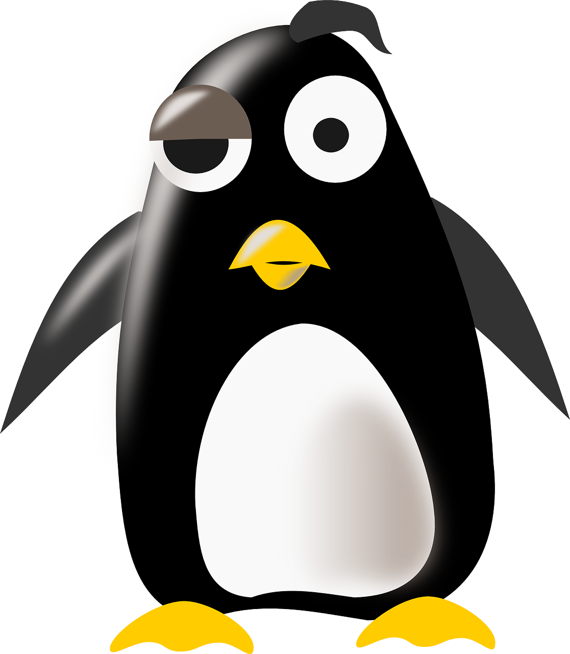 a close up of a penguin on a white background, an illustration of, pixabay, computer art, black eye patch over left eye, cell-shaded, looking confused, bag
