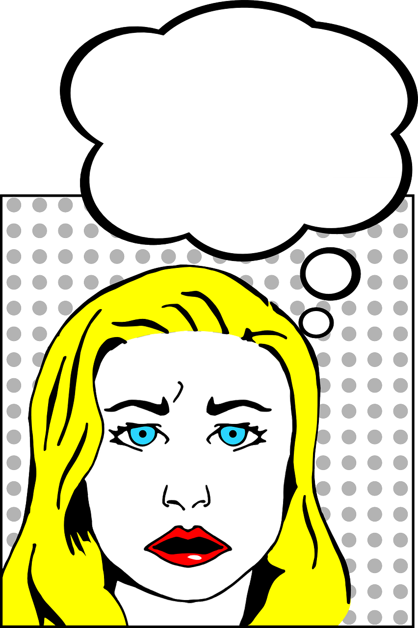 a woman with a thought bubble above her head, inspired by Lichtenstein, trending on shutterstock, pop art, long blonde hair and blue eyes, stock photo, clipart, concerned expression