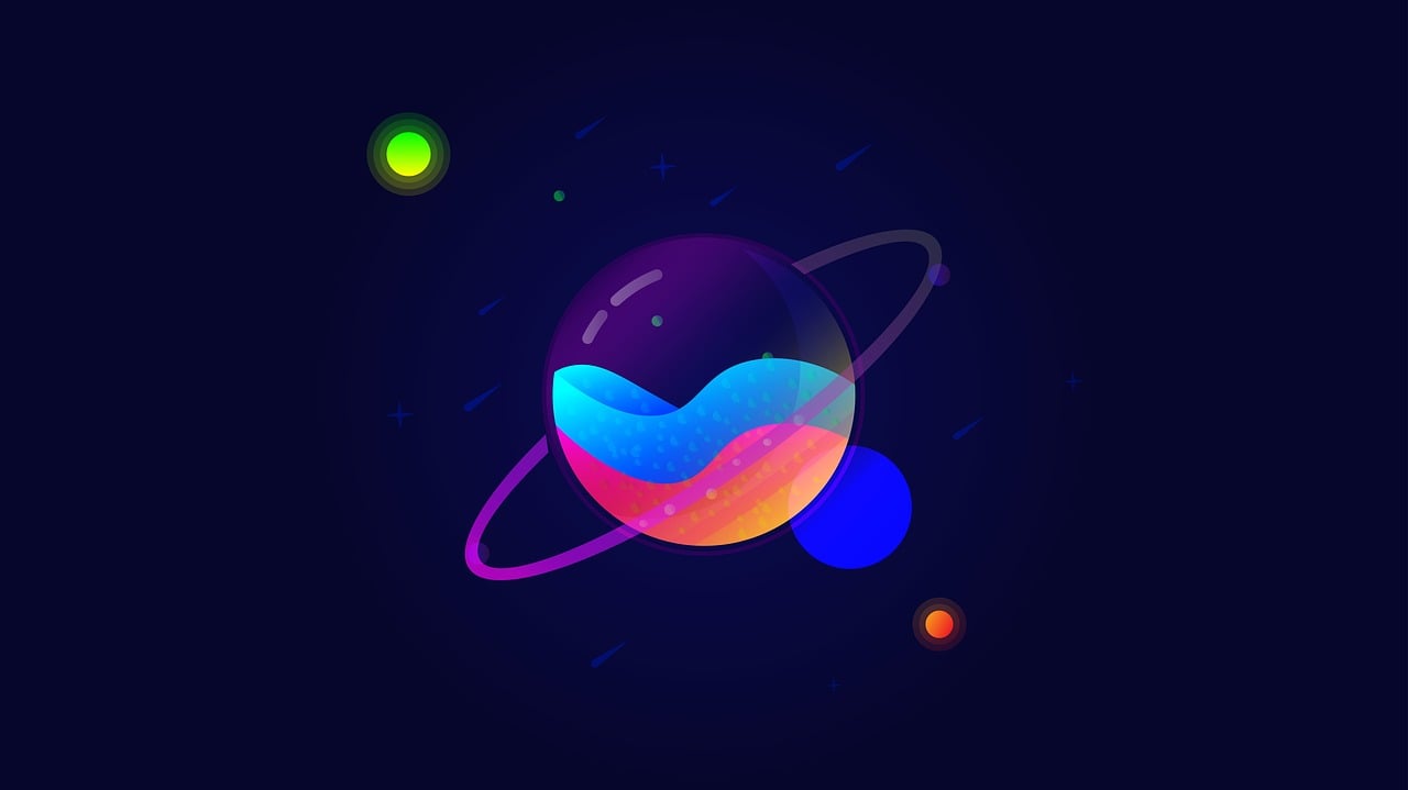 a close up of a colorful object on a dark background, vector art, trending on behance, space art, telegram sticker design, floating liquid, over looking saturn, flat vibrant colors
