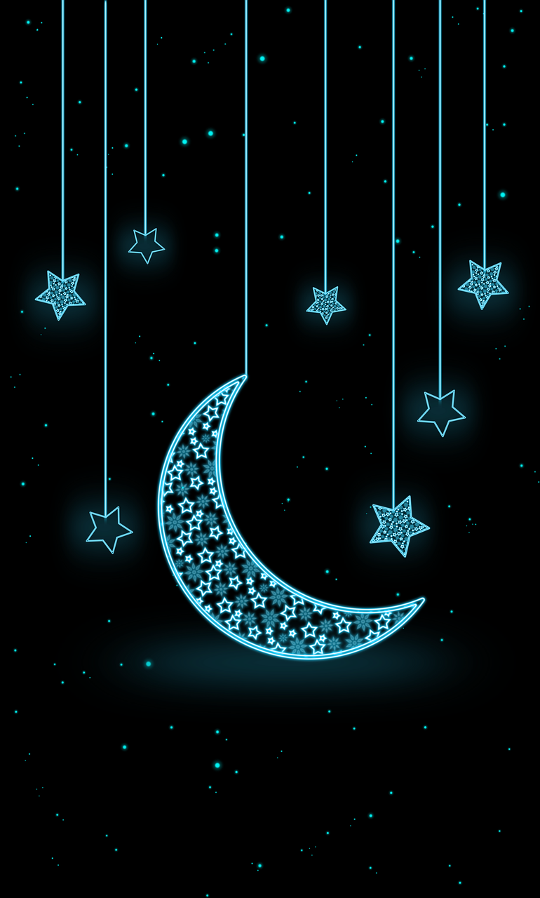 a night sky with stars and a crescent, vector art, hurufiyya, persian folkore illustration, glittering multiversal ornaments, cyan, illustration