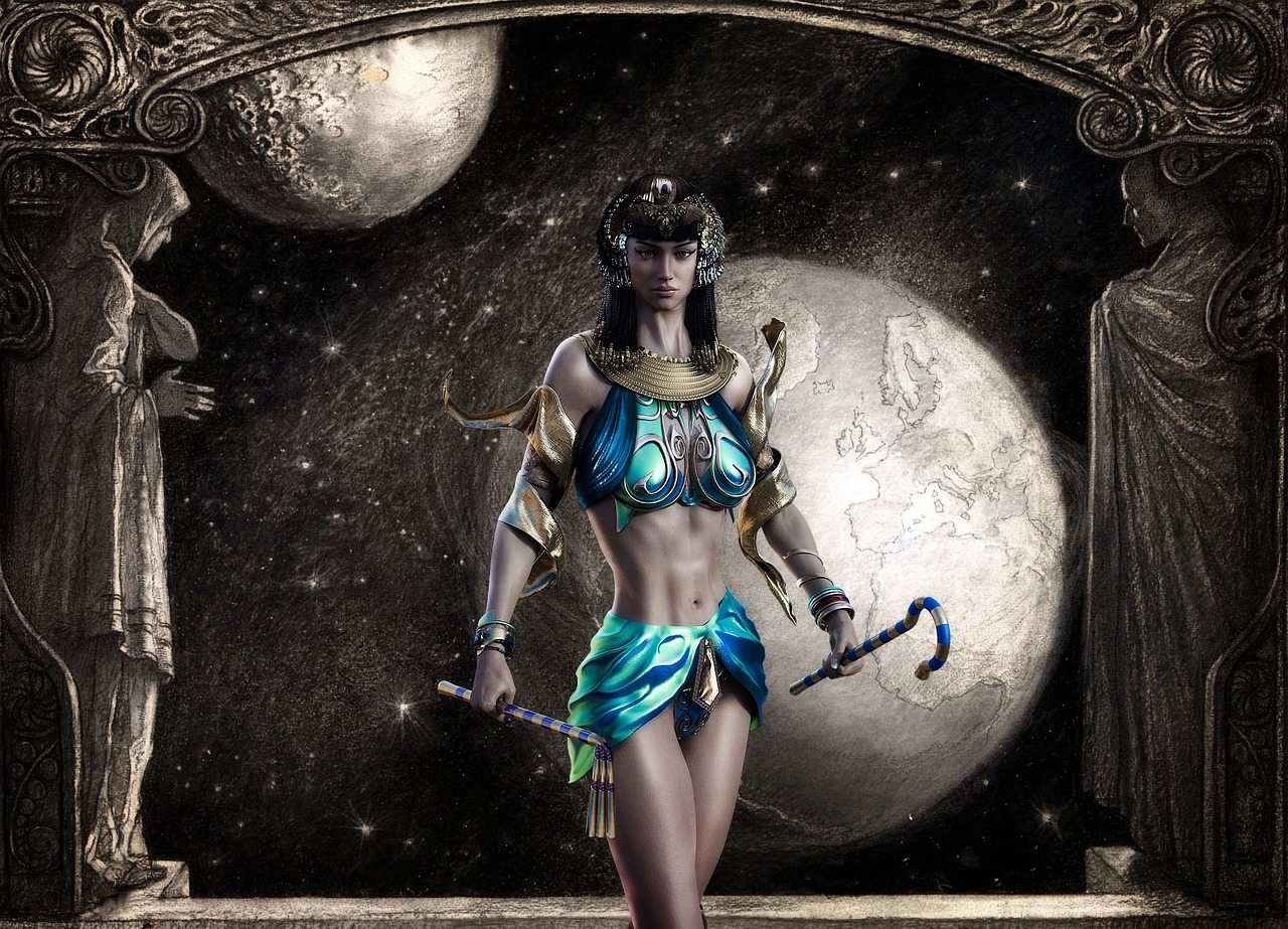 a woman with a sword standing in front of a moon, egyptian art, fantasy art, 3 d goddess minerva, blue-skinned elf, glamourous cosplay, in honor of saturn