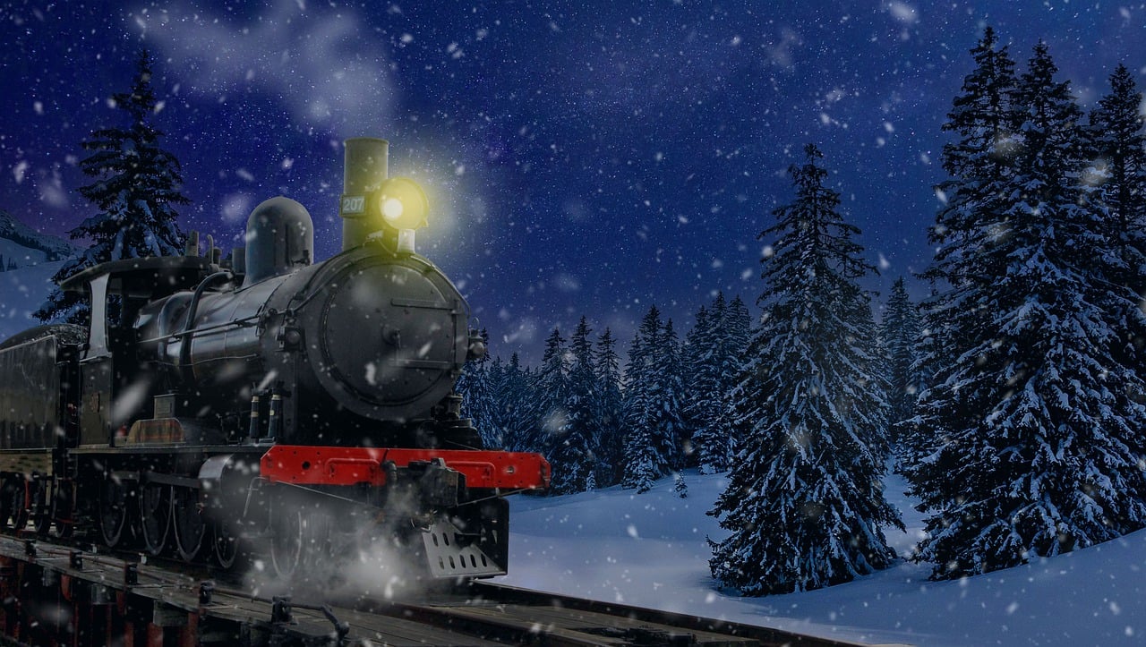 a train traveling through a snow covered forest, a portrait, inspired by Ivan Kramskoi, shutterstock, under the silent night sky, photorealistic - h 6 4 0, helmet is off, polar express