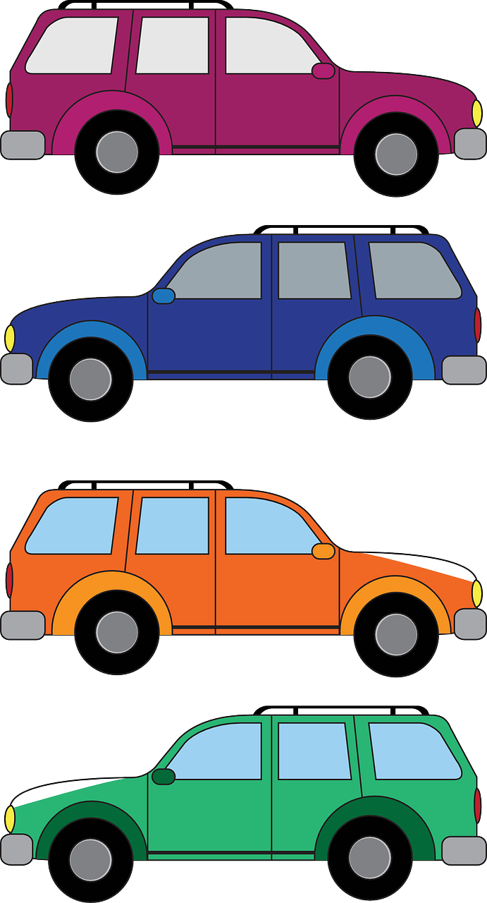 four different colored cars on a white background, blue and orange palette, off - road, clip art, two tone