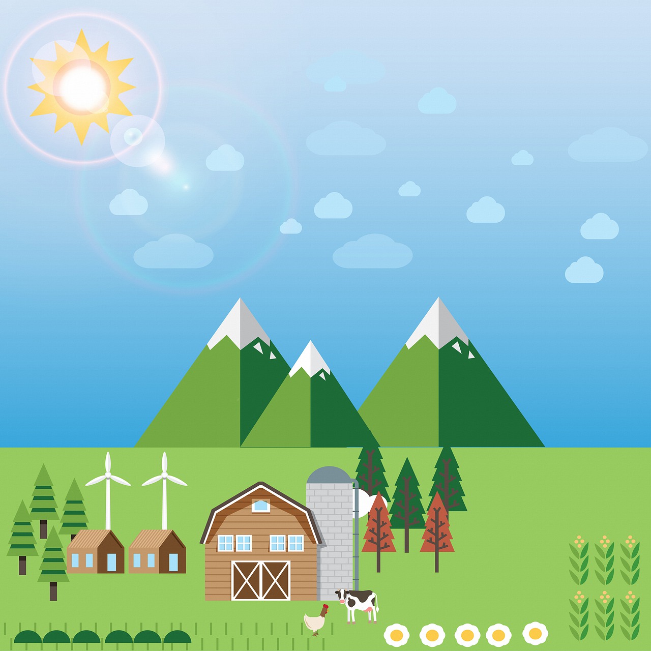 a farm with a barn and mountains in the background, an illustration of, clean energy, flat 2 d design, sun is shining, festival