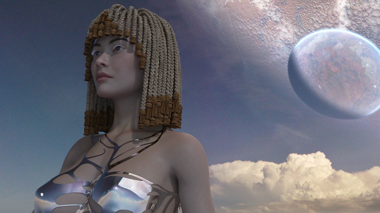 a woman in a dress standing in front of a planet, a 3D render, inspired by Johfra Bosschart, afrofuturism, cleopatra, cloud goddess, detail render, leeloo