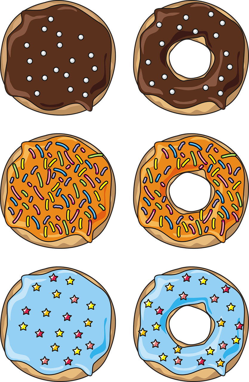 four different types of donuts with sprinkles, vector art, pop art, on a flat color black background, cel shaded vector art, 5 years old, alex yanes