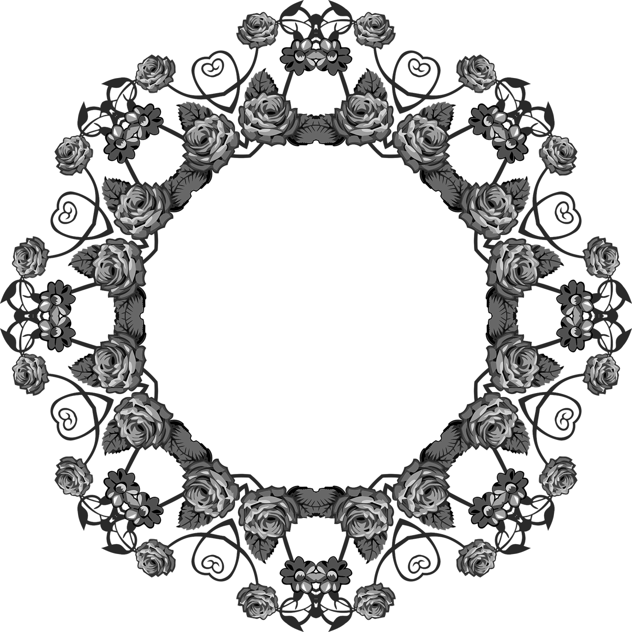 a circular frame with roses on a black background, inspired by Benoit B. Mandelbrot, deviantart, art deco, an old balck and white photo, detailed lacework, image dataset, brocade