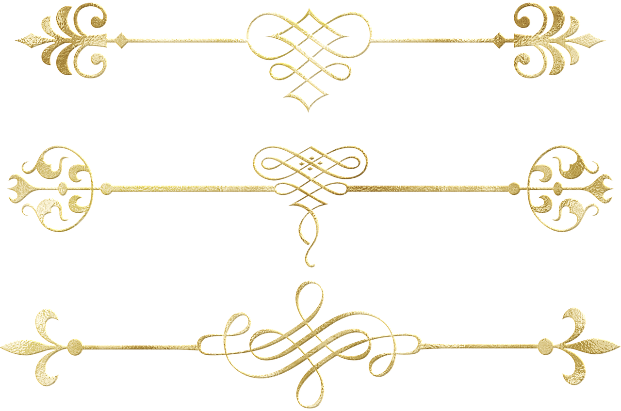 a set of gold decorative elements on a black background, a digital rendering, inspired by Sakai Hōitsu, deviantart, iron railing, very grainy, intricate writing, celtic knot
