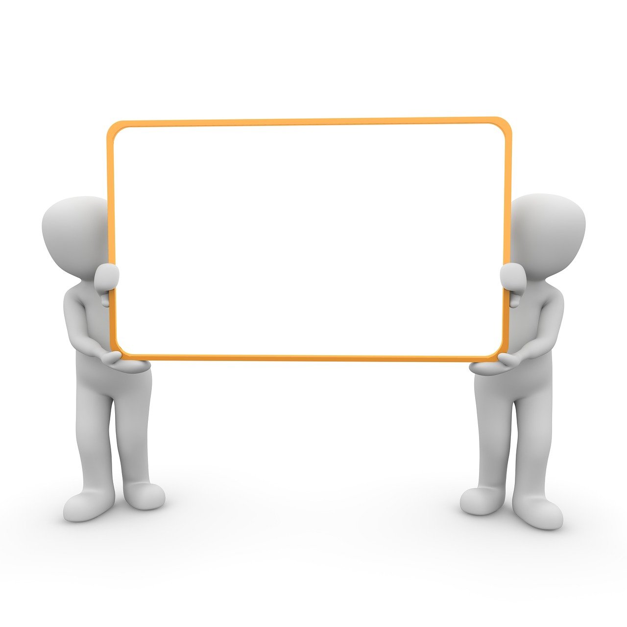 a couple of people that are holding a sign, by James Morris, computer art, background is white and blank, white and orange, whiteboard, designed in blender