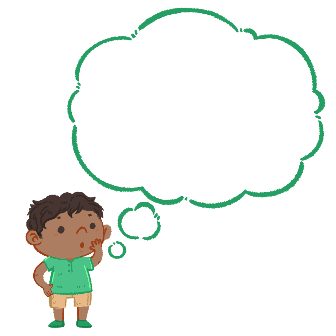 a boy with a thought bubble above his head, a comic book panel, by Odhise Paskali, trending on pixabay, black background!!!!!, it\'s name is greeny, toddler, talking