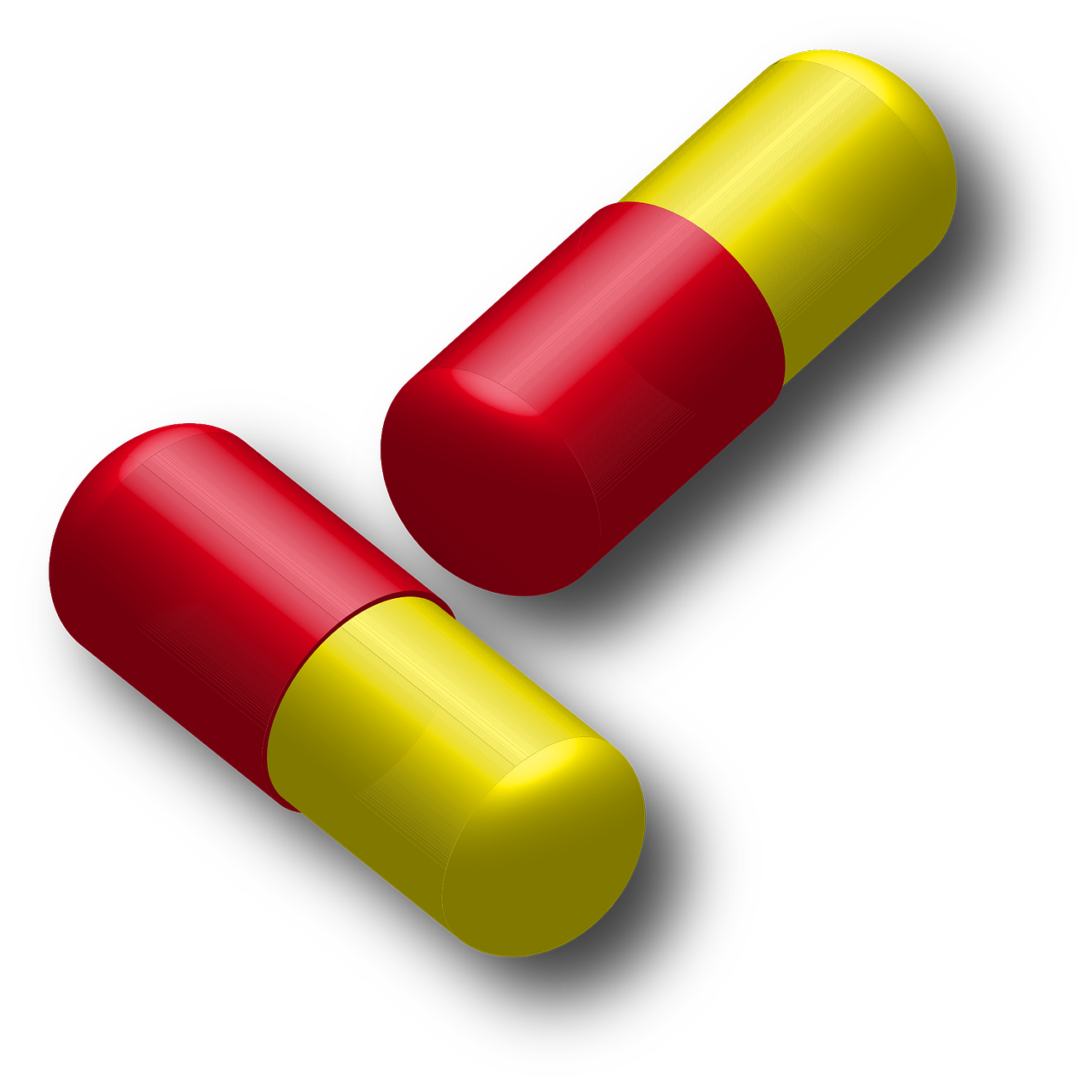 two red and yellow pills on a black background, a digital rendering, by Dietmar Damerau, bauhaus, simple primitive tube shape, rpg item, hundreds of them, scott adams