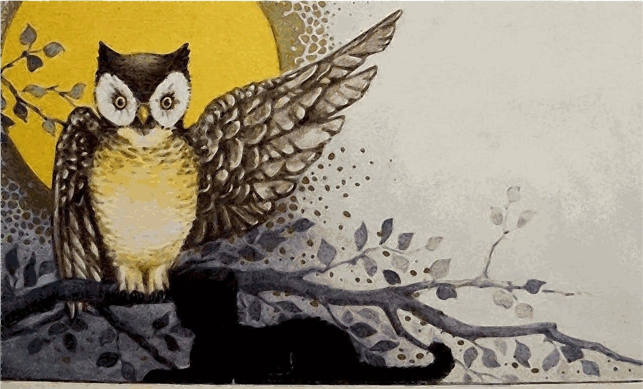 a painting of an owl and a cat, inspired by Ohara Koson, tumblr contest winner, mail art, silver and yellow color scheme, website banner, black and yellow color scheme, chinese ink painting