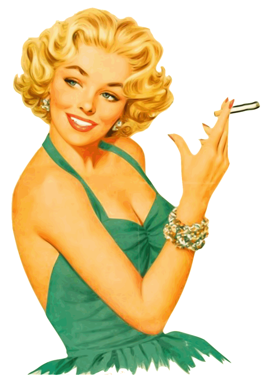 a woman in a green dress smoking a cigarette, vector art, by Alberto Vargas, pop art, short curly blonde haired girl, screen capture, green halter top, smiley