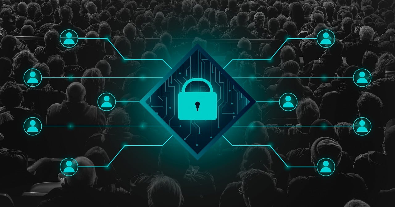 a large group of people standing in front of a graphic of a padlock, a digital rendering, shutterstock, solid dark background, 🦑 design, low resolution, concert