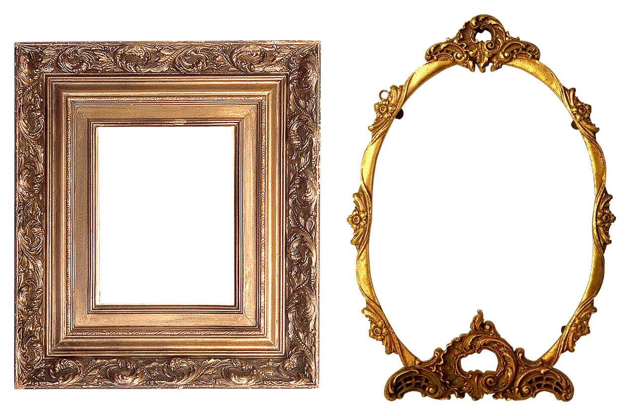 a couple of gold frames sitting next to each other, a portrait, flickr, baroque, highly detailed barlowe 8 k, ornate border frame, davinci, monitor