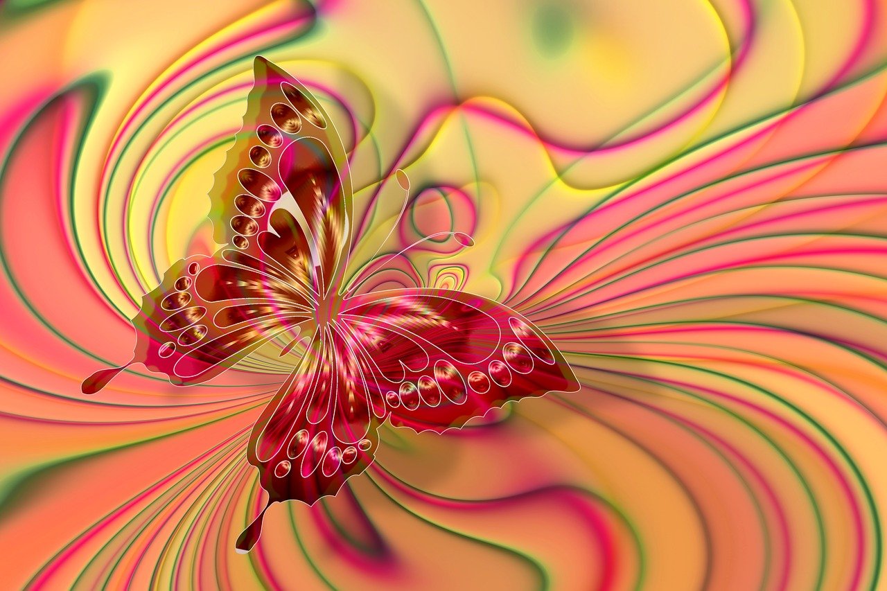 a close up of a butterfly on a colorful background, digital art, psychedelic art, flowing pink-colored silk, blurred and dreamy illustration, no gradients, red and orange colored