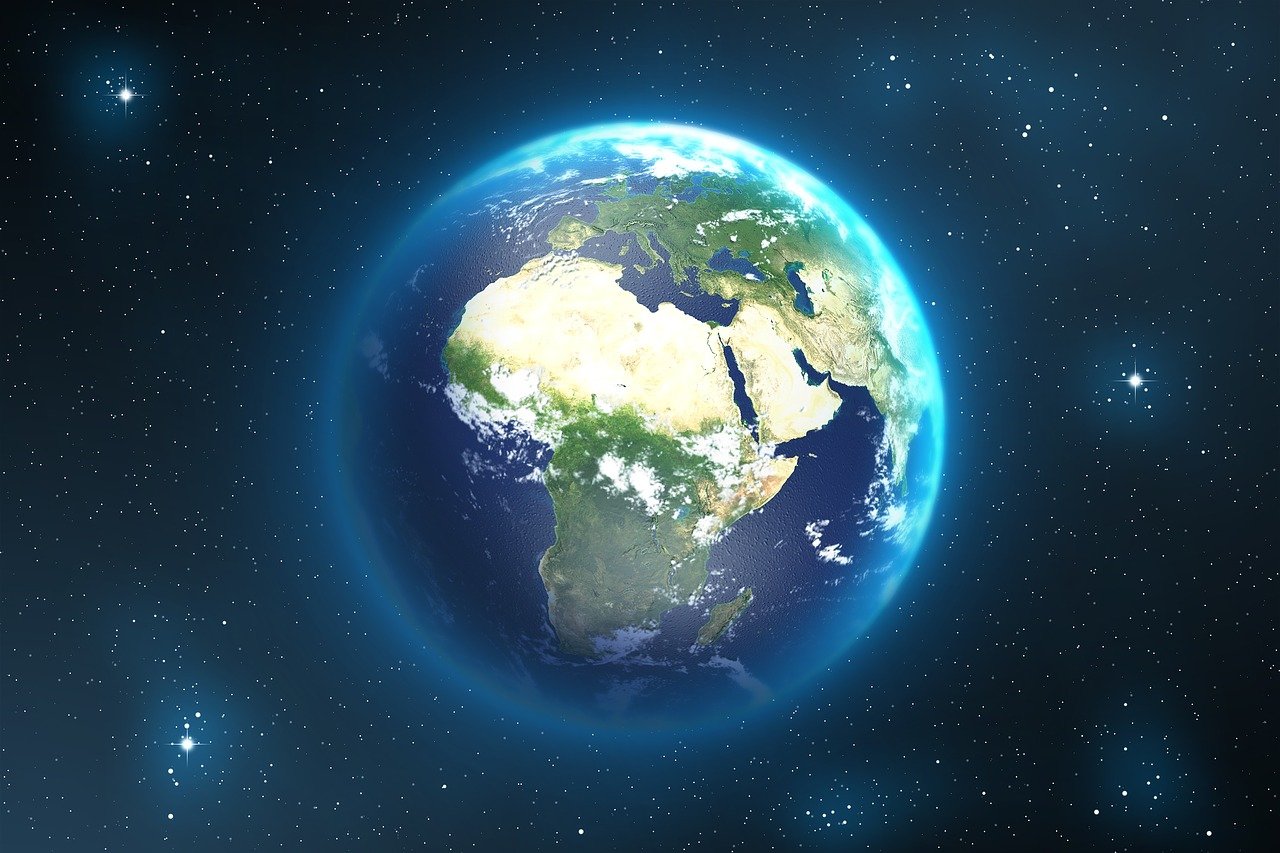 a view of the earth from space with stars in the background, an illustration of, by Robert Koehler, shutterstock, african plains, beautiful sunny day, depicted as a 3 d render, space photo
