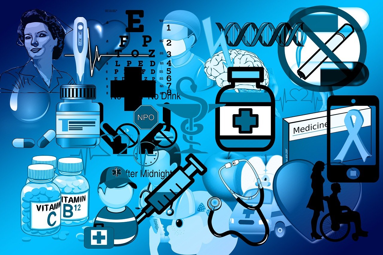 a bunch of medical icons on a blue background, by David Burton-Richardson, digital art, detailed picture, busy background, clip-art, trending on pixart”