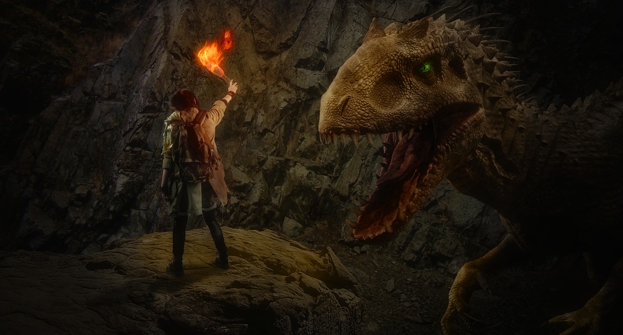 a man standing next to a dinosaur in a cave, a picture, Artstation contest winner, the sorceress casting a fireball, ultra realistic 8k octan photo, dragon's dogma, a steampunk tyrannosaurus