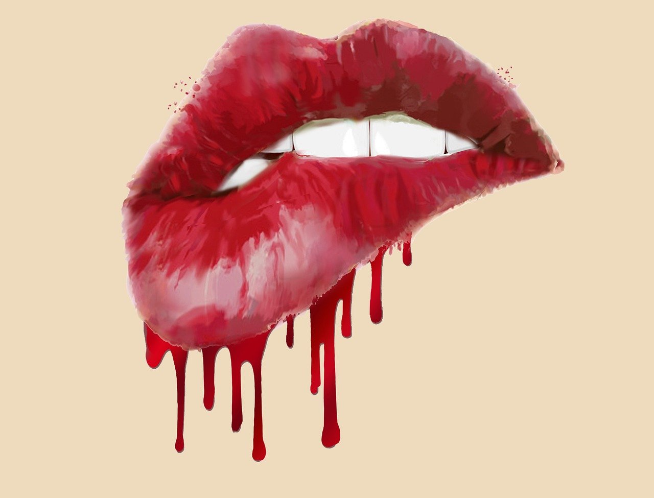 a red lip with blood dripping down it, vector art, by Relja Penezic, digital art - w 640, oil paint style, licking out, mix of aesthetics