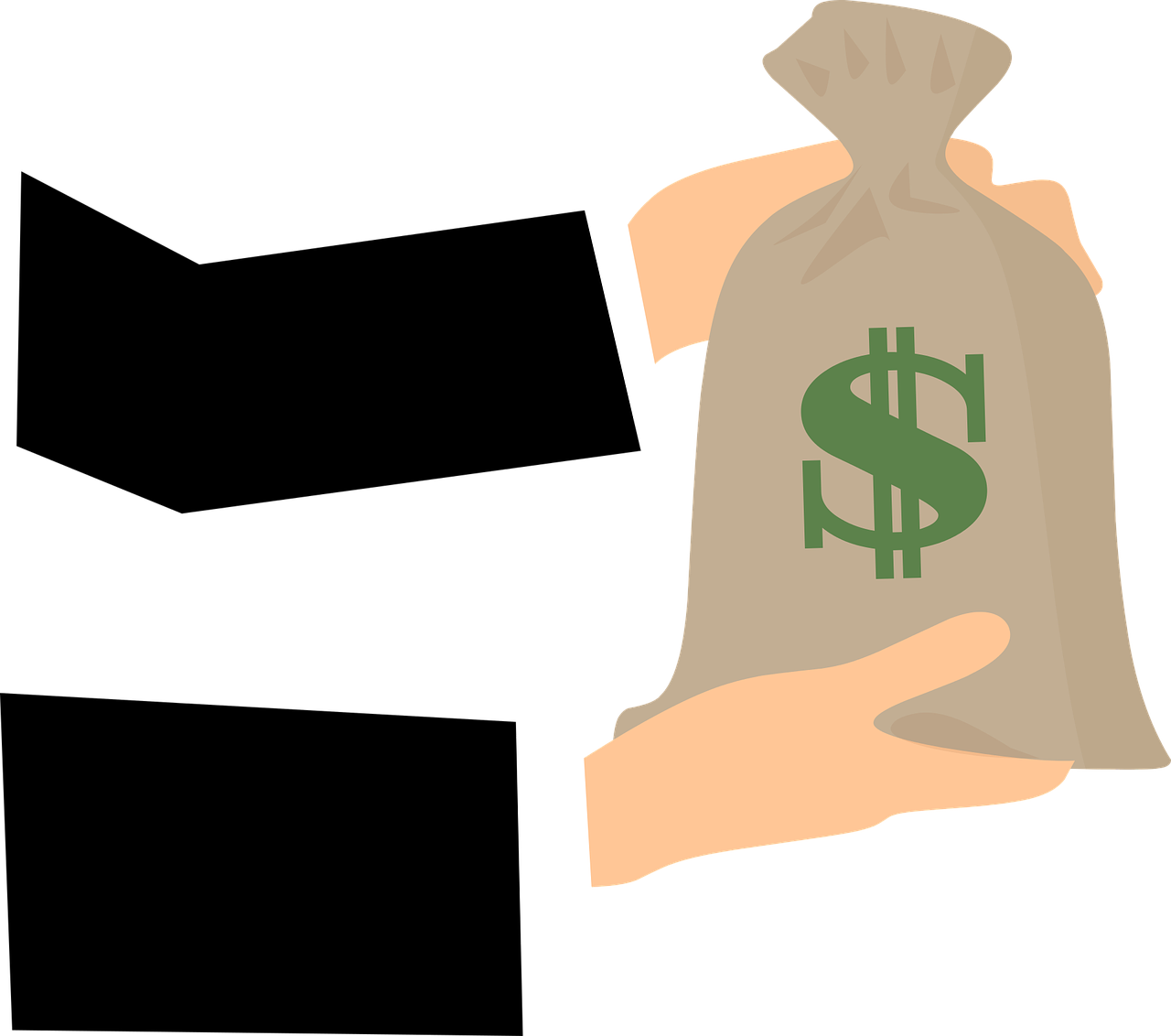 a hand holding a bag of money with a dollar sign on it, a cartoon, pixabay, mingei, on a flat color black background, serious business, wikihow illustration, someone lost job