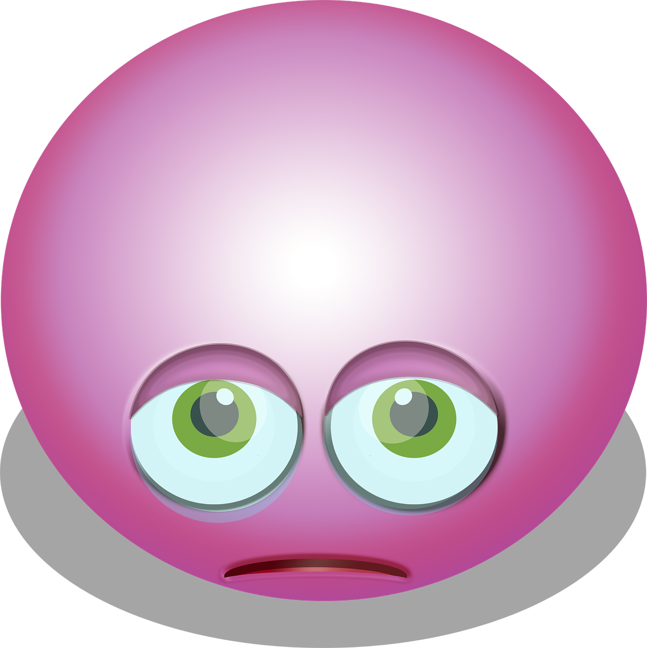 a pink smiley face with green eyes, a digital rendering, inspired by INO, disgusted. fear inspiring mood, spherical body, cute face. dark fantasy, bottom viewa
