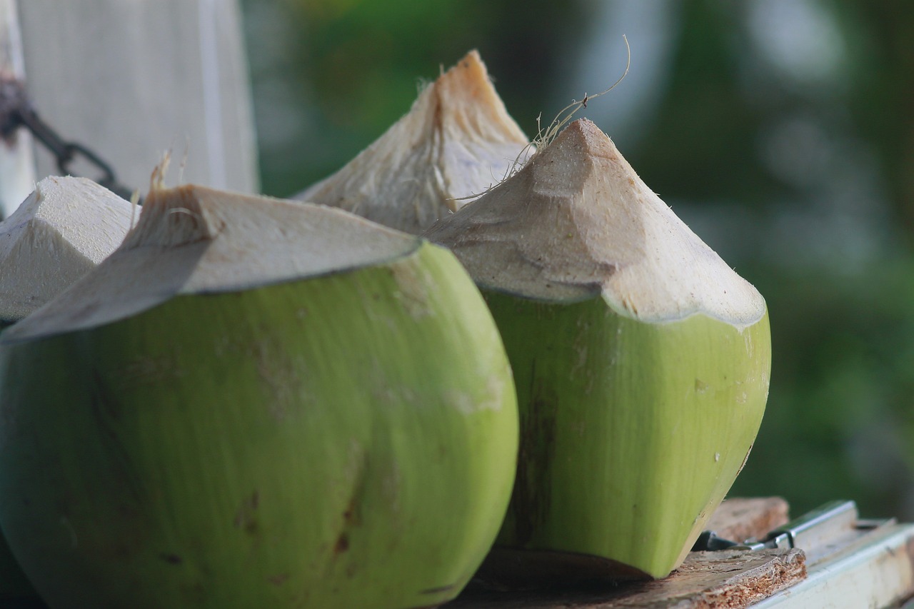 two green coconuts sitting on top of a wooden table, a picture, by Edward Corbett, pixabay, hurufiyya, straw, thailand, stock photo