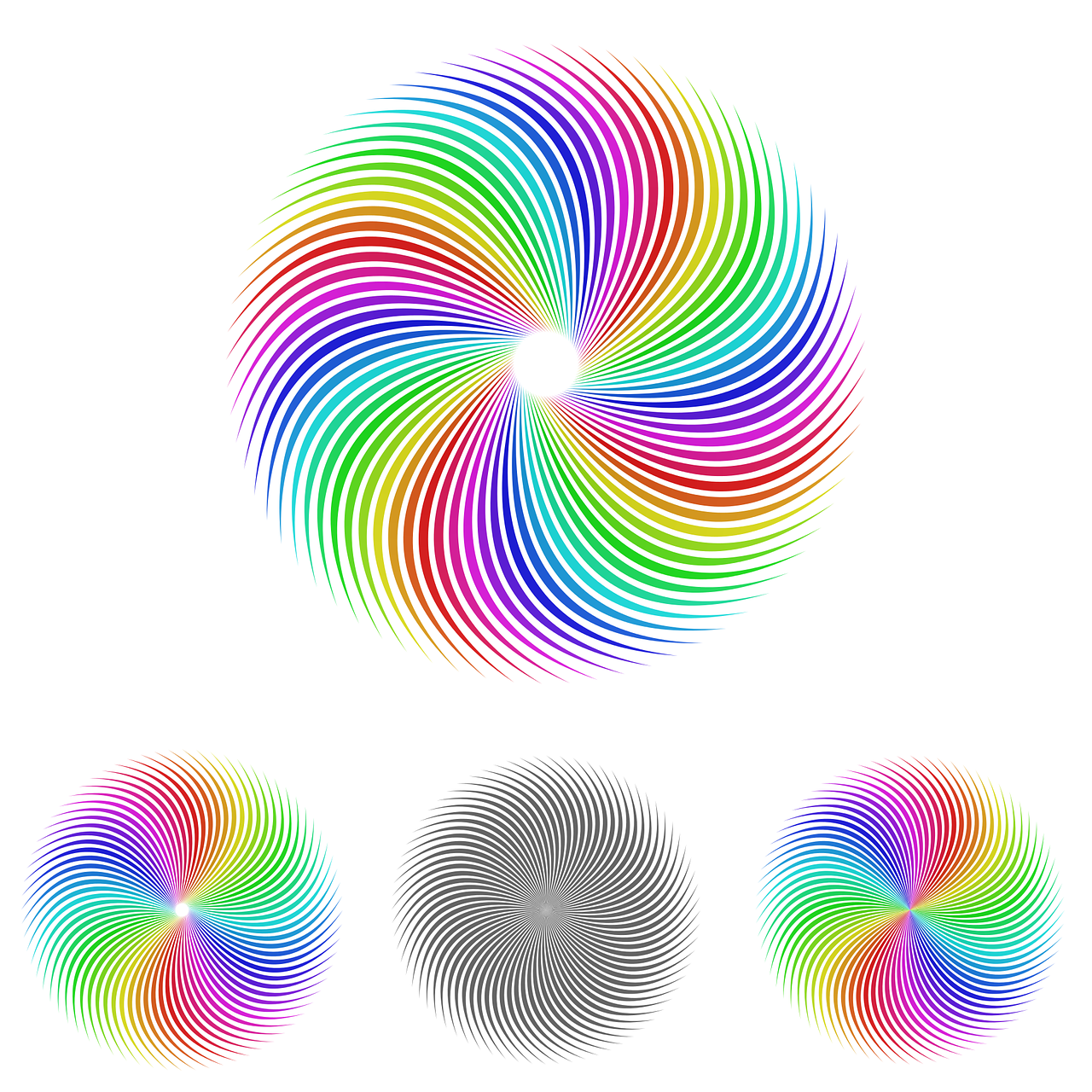 a set of colored spirals on a white background, vector art, inspired by Gabriel Dawe, abstract illusionism, 3 color screen print, pastel faded grey rainbow, colorful palette illustration, smooth rounded shapes