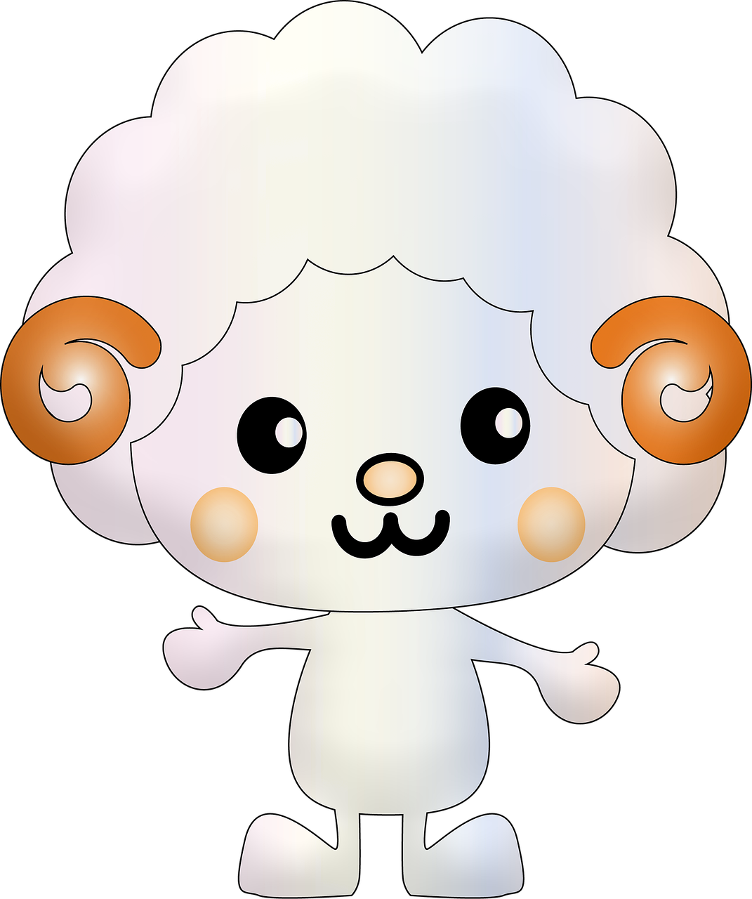 a cartoon sheep standing in front of a black background, a digital rendering, mingei, q posket, symmetric!!, smiling coy, lynchian!!!! ominious